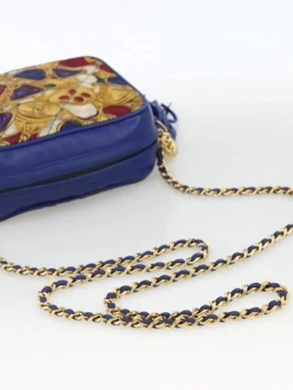 CHANEL Matelasse Chain Shoulder Bag Satin Blue Gold CC Auth BAZ668V